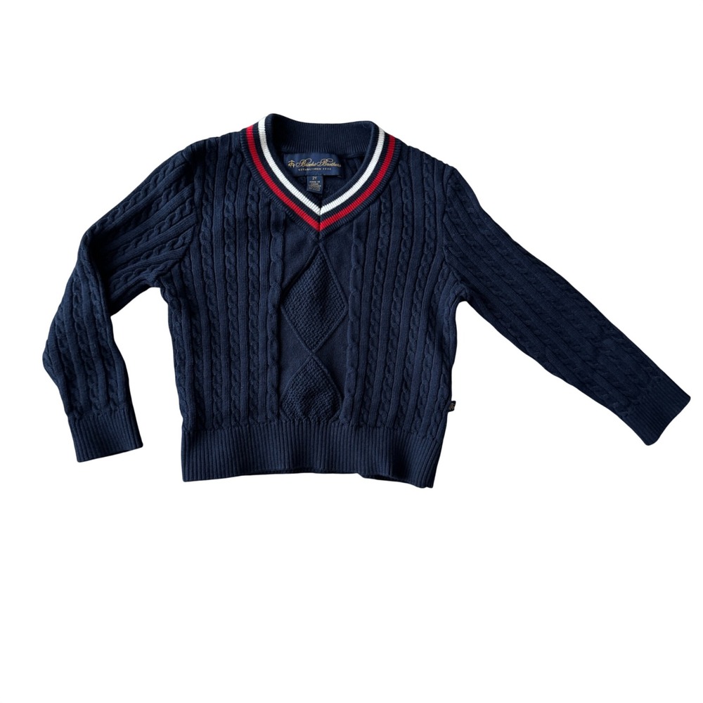Brooks Brothers Kids Navy Blue Cable Knit V-Neck Sweater Red White Stripe 2Y